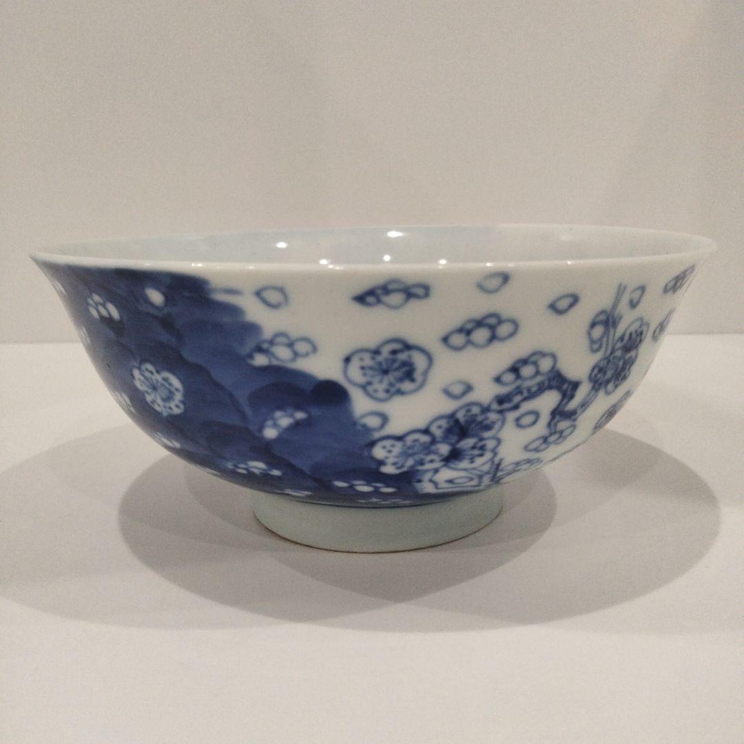 u385 上手 清朝期 古染花青花吹雪画 大振茶碗 鉢 底二輪文 古染付