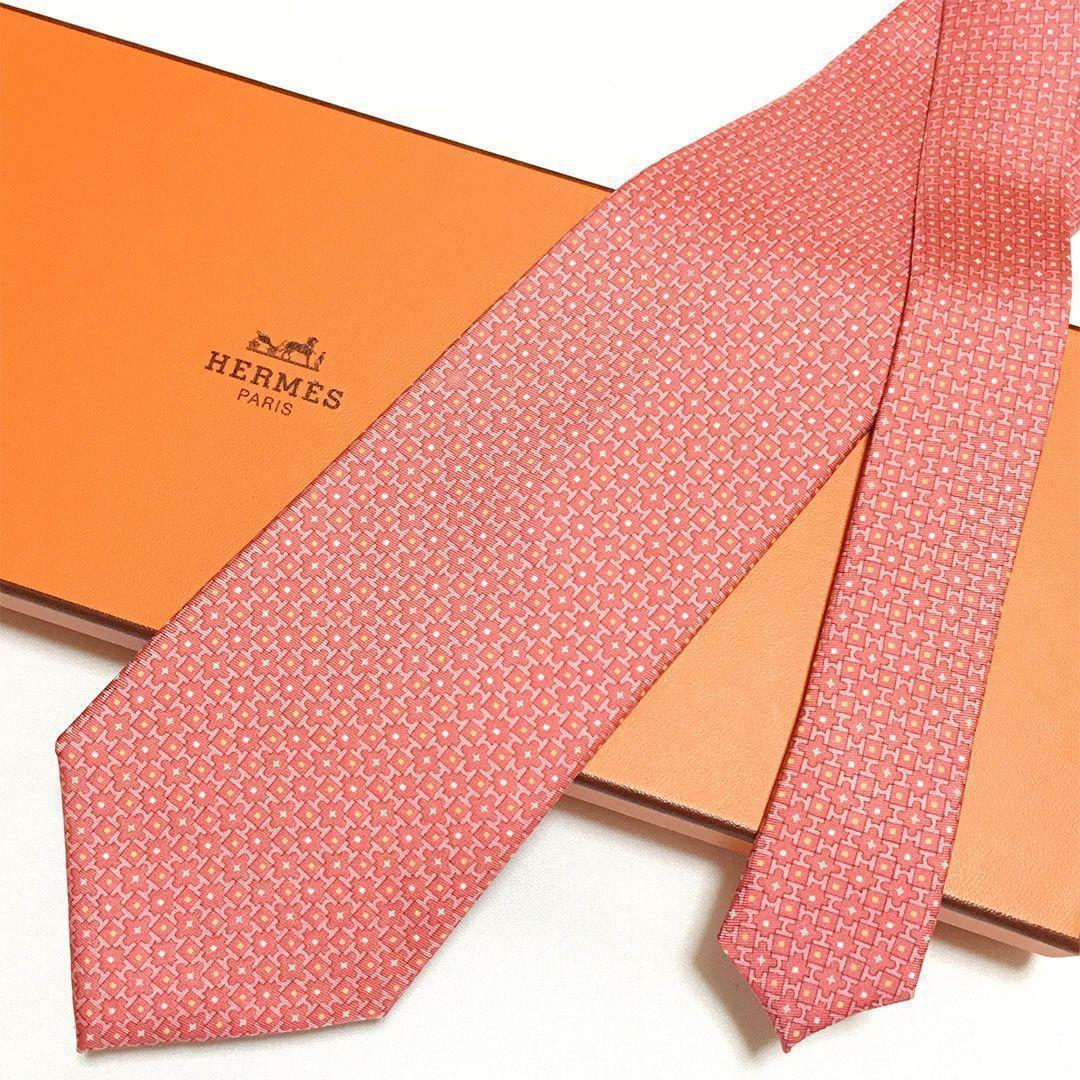 未使用級 エルメス HERMES ネクタイ シルク100% サーモンピンク H柄