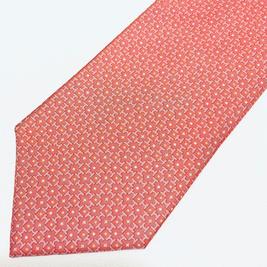 未使用級 エルメス HERMES ネクタイ シルク100% サーモンピンク H柄