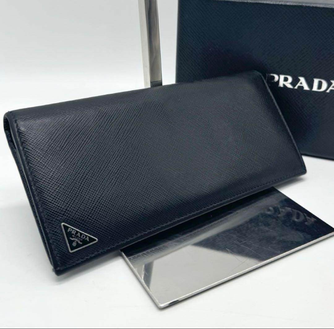 【美品】PRADAトライアングルロゴ 長財布 サフィアーノレザー ブラック
