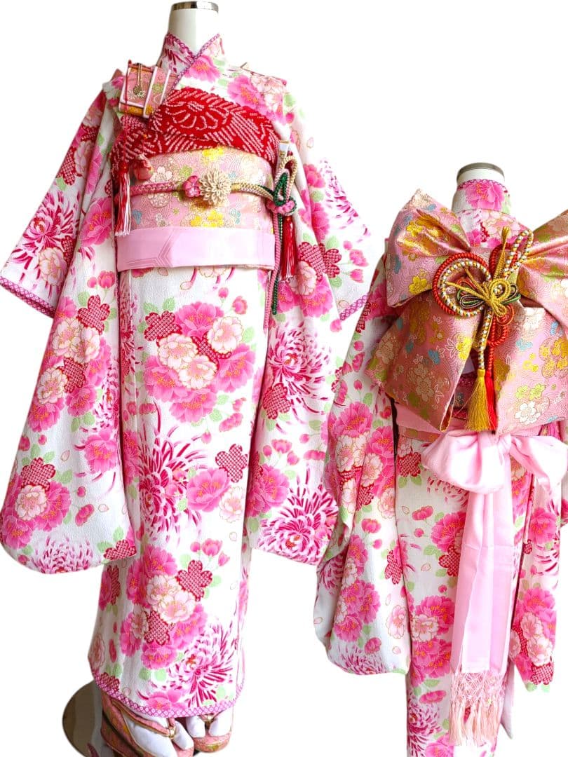 JAPANSTYLE白地にピンクの花模様☆七五三着物帯フルセット