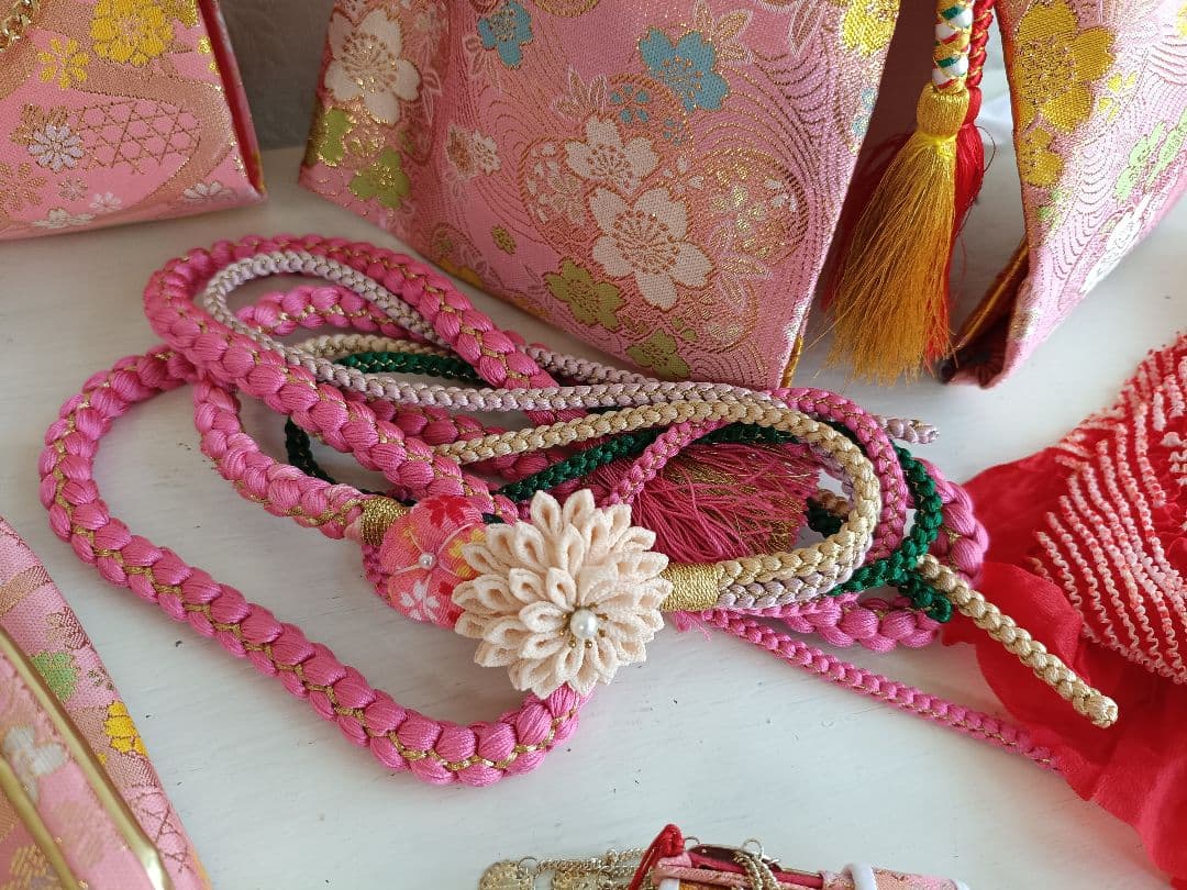 JAPANSTYLE白地にピンクの花模様☆七五三着物帯フルセット