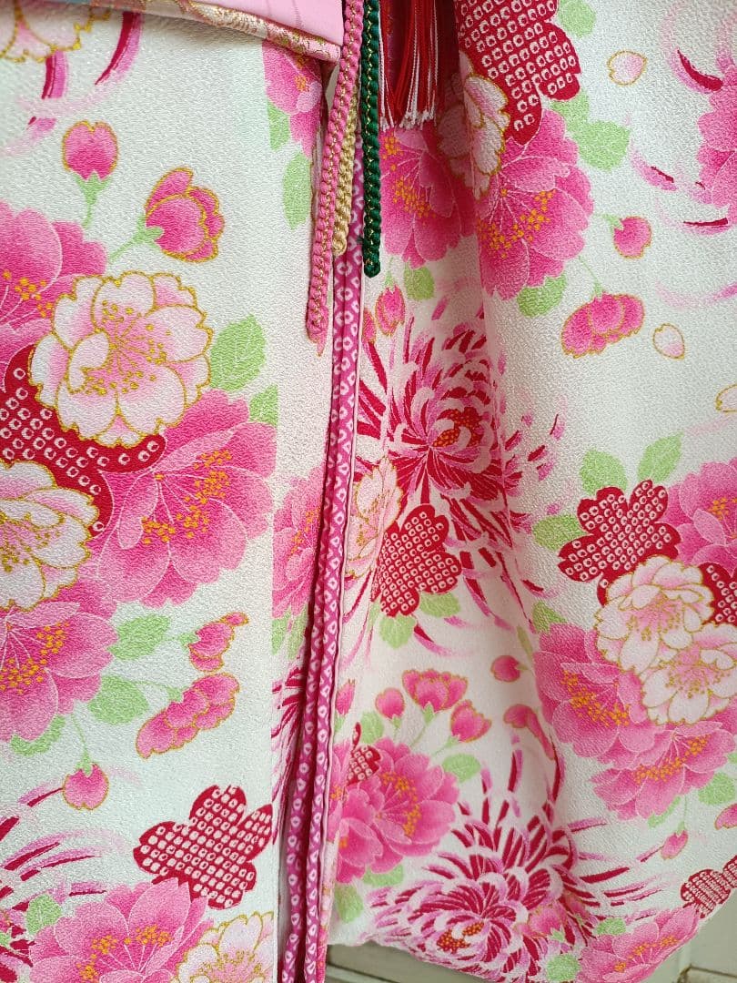 JAPANSTYLE白地にピンクの花模様☆七五三着物帯フルセット
