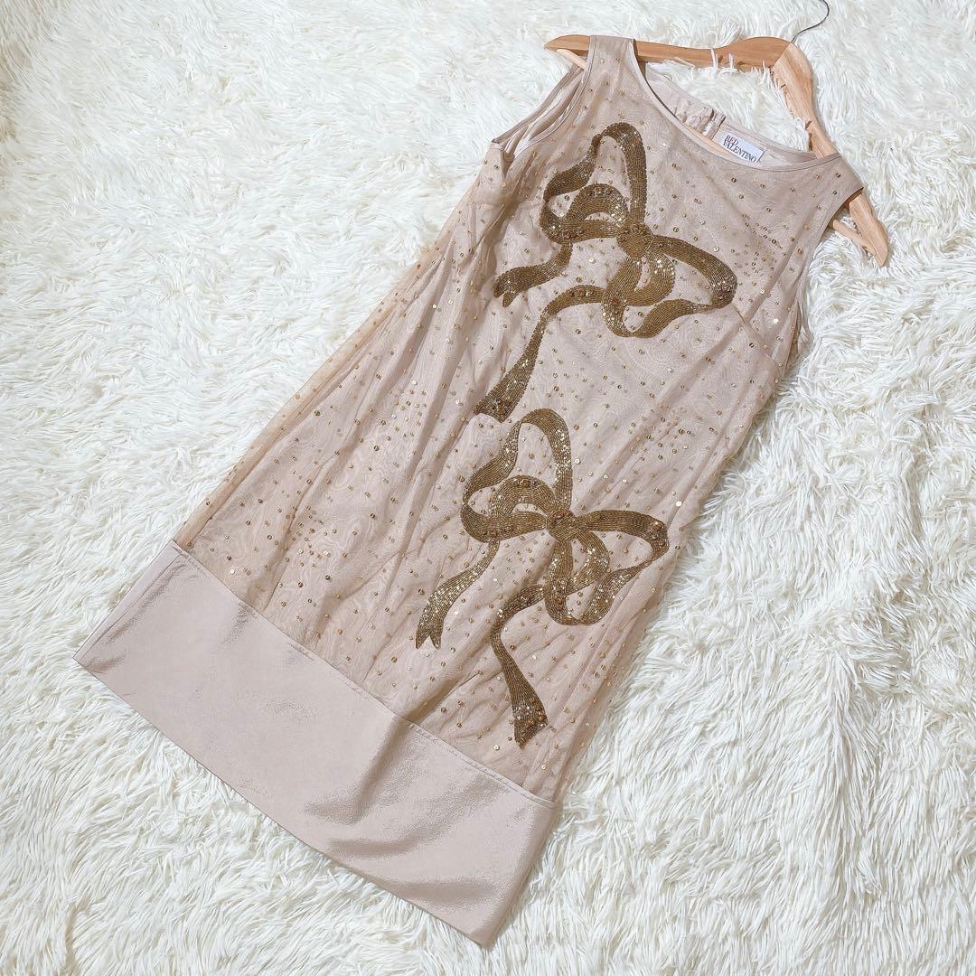 レッドヴァレンティノ ワンピースドレス リボン ビジュー 飾り石付き