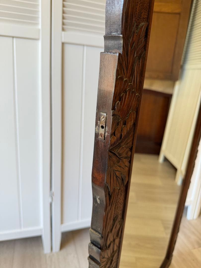 美品 軽井沢彫 軽井沢彫 鏡 姿見 スタンドミラー