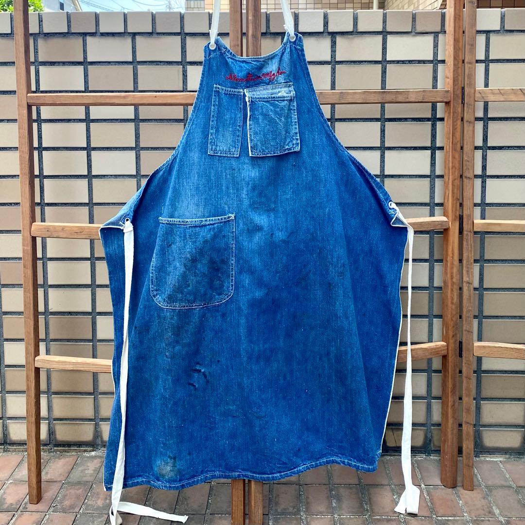 デニムエプロン★ロング耳付き刺繍有り★1940'〜ビンテージUSAアメリカ雑貨