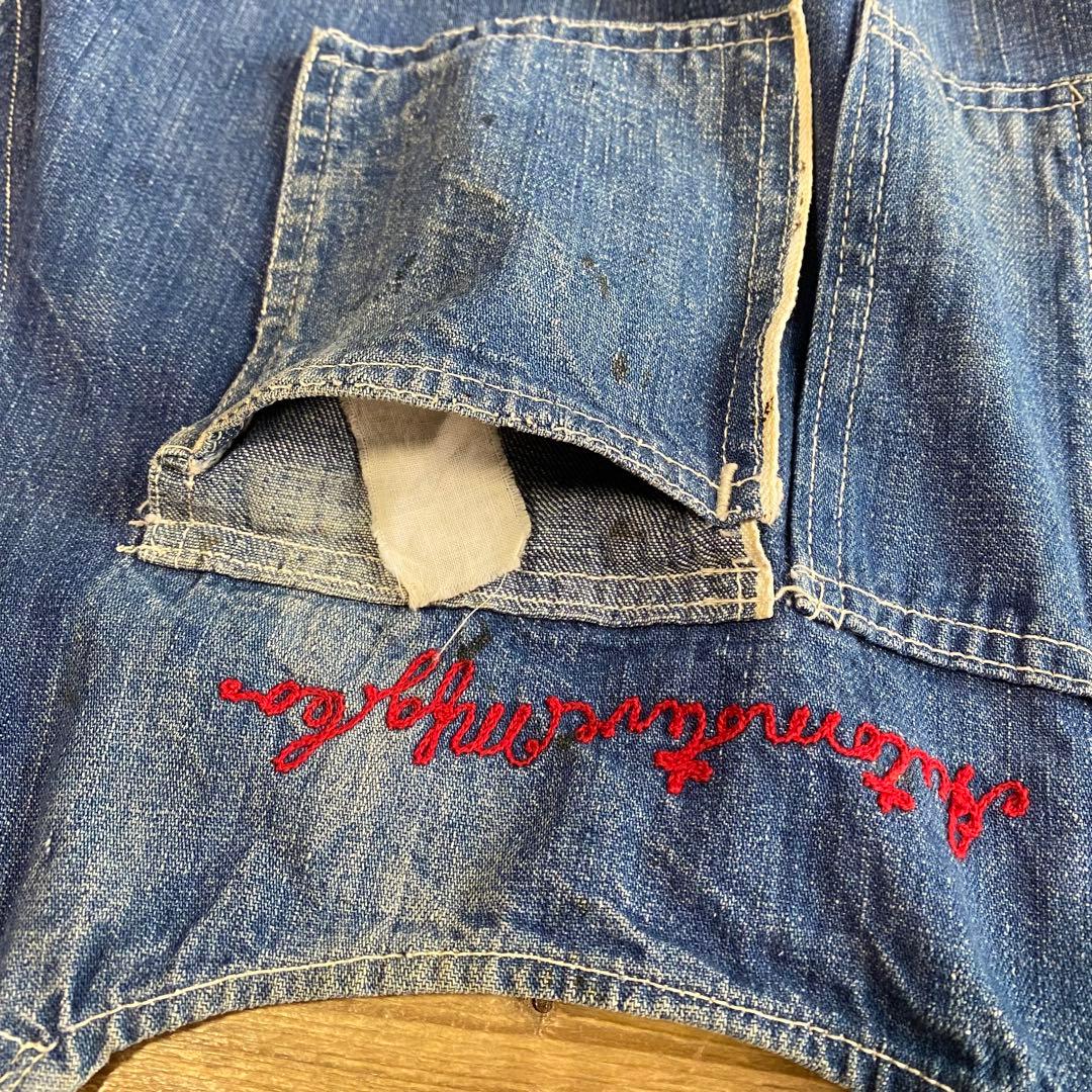 デニムエプロン★ロング耳付き刺繍有り★1940'〜ビンテージUSAアメリカ雑貨
