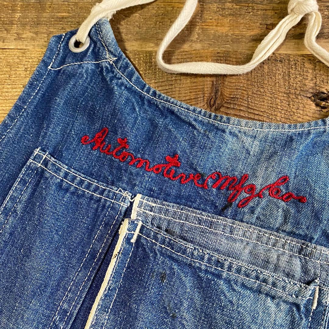デニムエプロン★ロング耳付き刺繍有り★1940'〜ビンテージUSAアメリカ雑貨