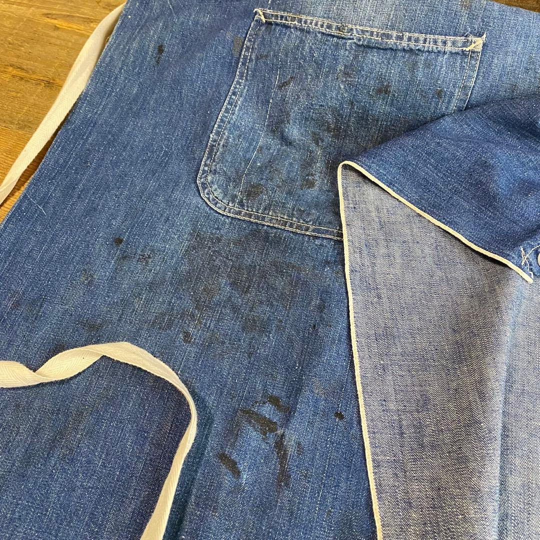 デニムエプロン★ロング耳付き刺繍有り★1940'〜ビンテージUSAアメリカ雑貨