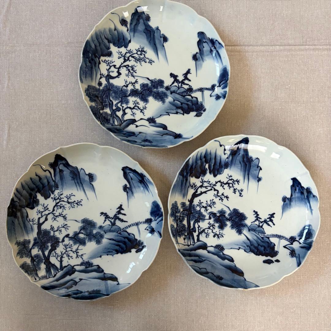 古伊万里 風 染付 山水文 大皿 25cm 輪花 飾り皿 3枚セット