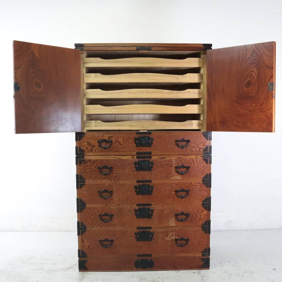 値下逸品！仙台箪笥 民芸家具 欅 美しい木目 二段重 和箪笥 和タンス 鍵付き