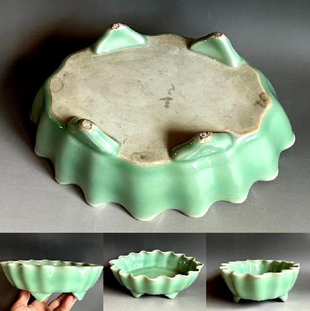 鉢■花びら型四つ足三田青磁古鉢 江戸期 あて皿 盛り皿 古青磁 中鉢 骨董品■