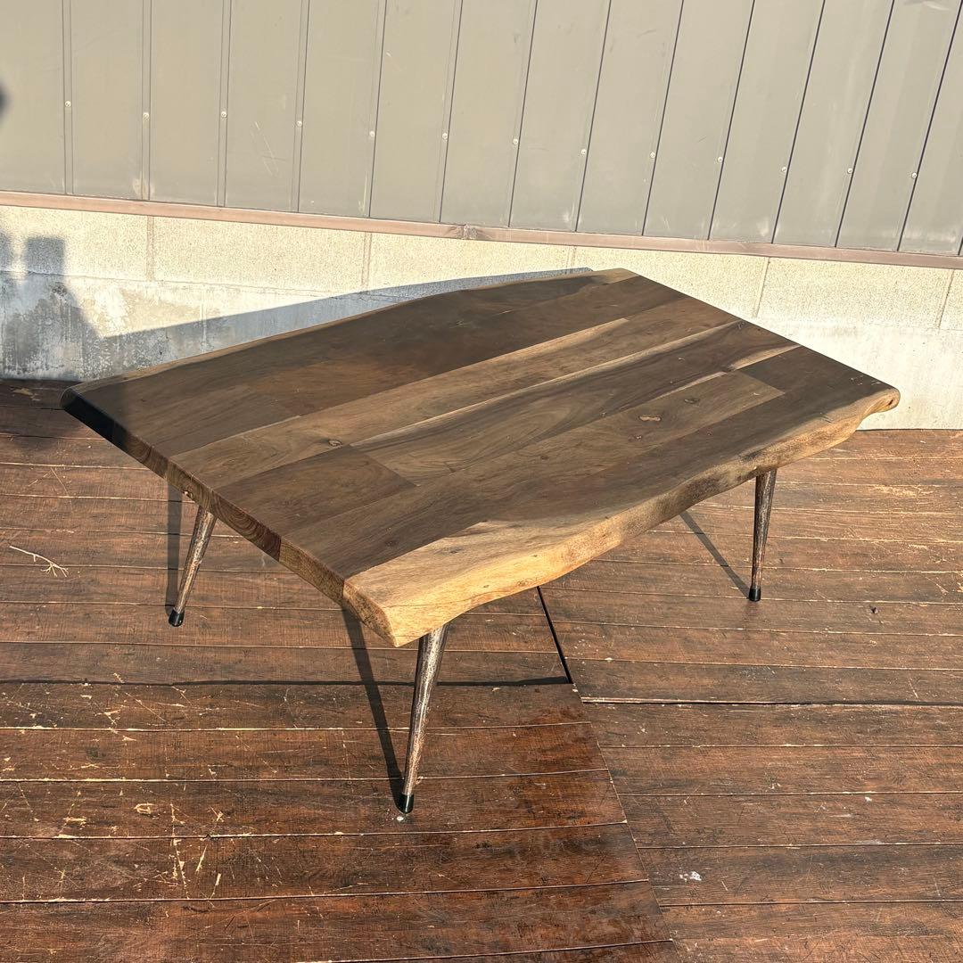 北欧レトロ 無垢材 木製テーブル アイアン脚 インダストリアル 重厚ローテーブル