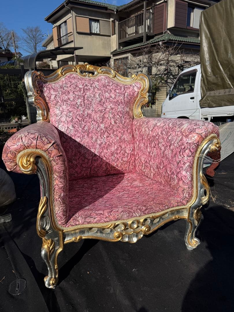 引取　イタリア製 PEGASO ロココ調 アームチェア 玉座風 金銀装飾 1P
