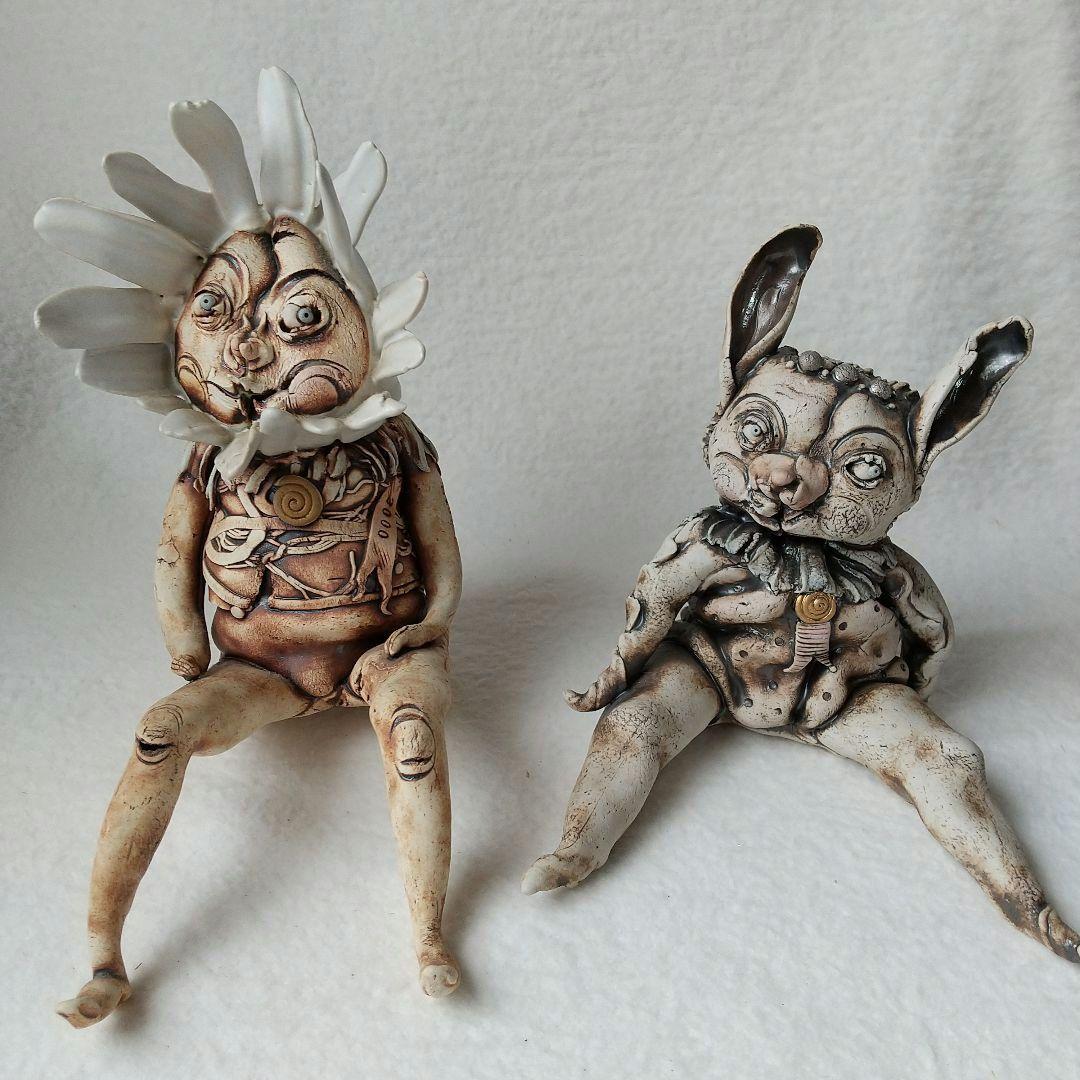 陶器人形 作家物 花とウサギの妖精 インテリア オブジェ