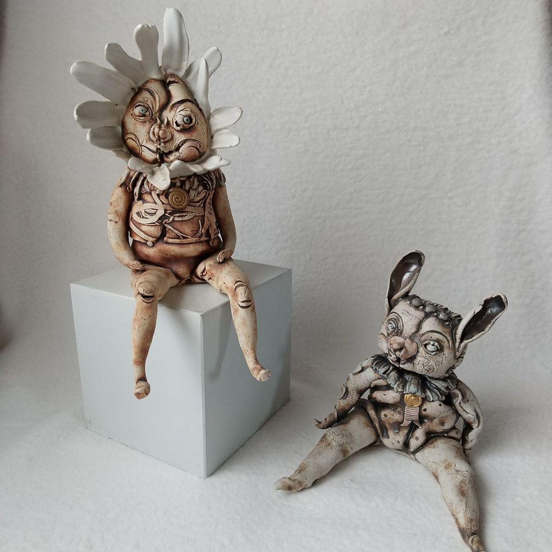 陶器人形 作家物 花とウサギの妖精 インテリア オブジェ