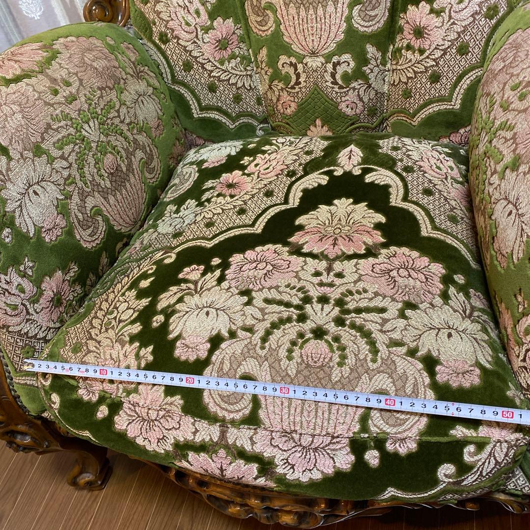 バロックスタイル グリーンベルベットソファ刺繍　アンティーク　西洋