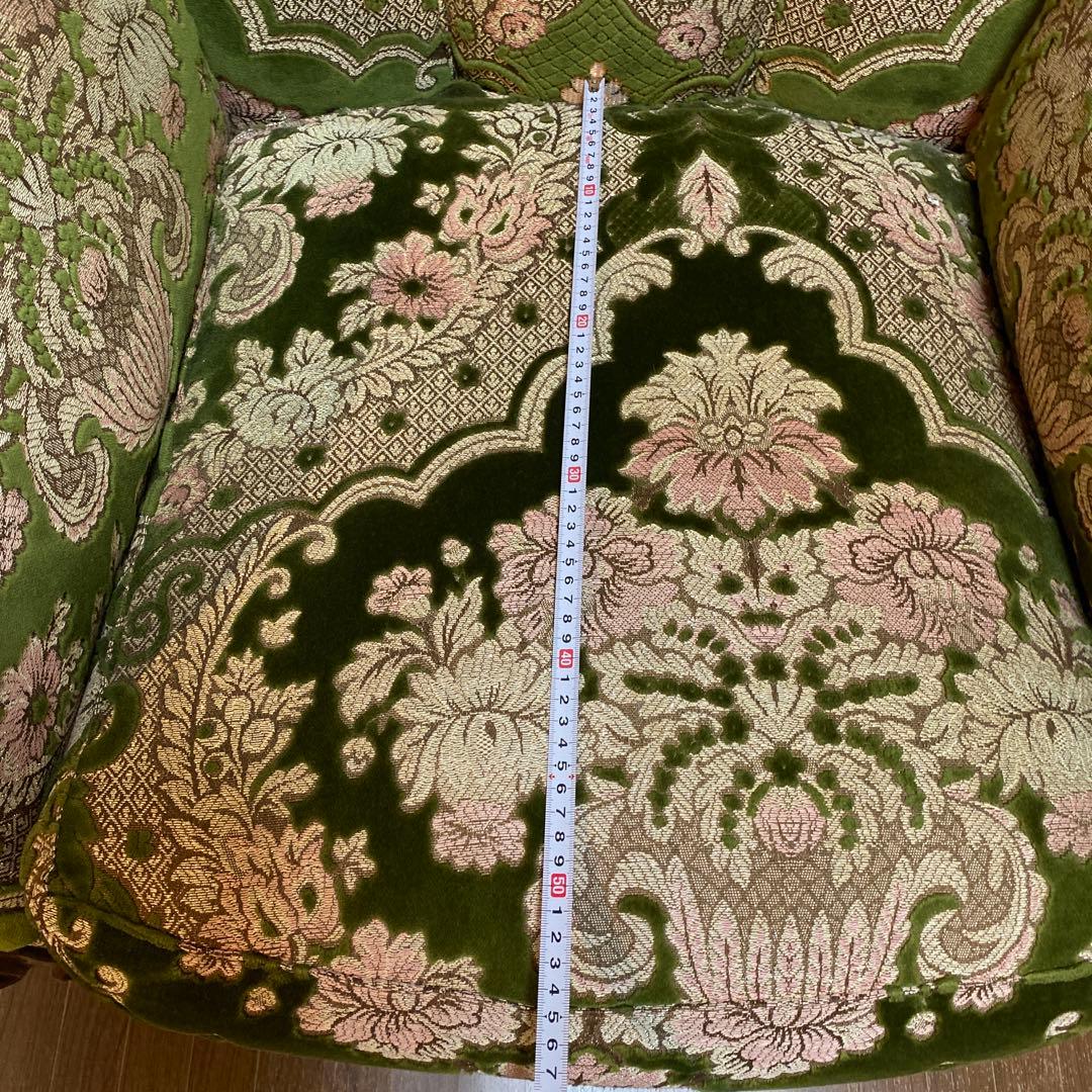 バロックスタイル グリーンベルベットソファ刺繍　アンティーク　西洋
