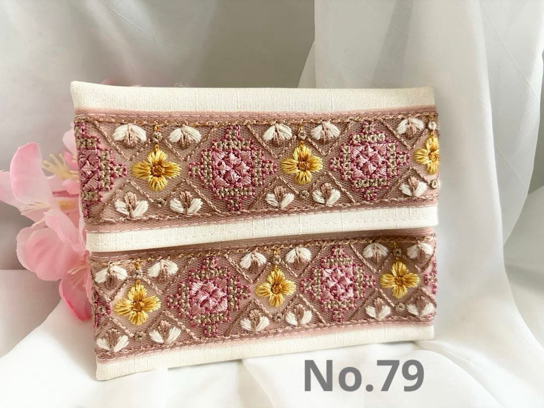 ポケットティッシュケース　インド刺繍リボン　ピンク　合皮　No.79