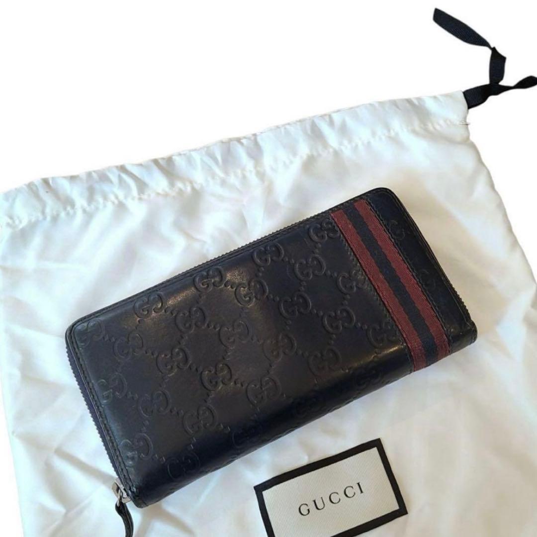 GUCCI　グッチ　長財布　ラウンドファスナー　グッチシマ　シグネチャーウェブ