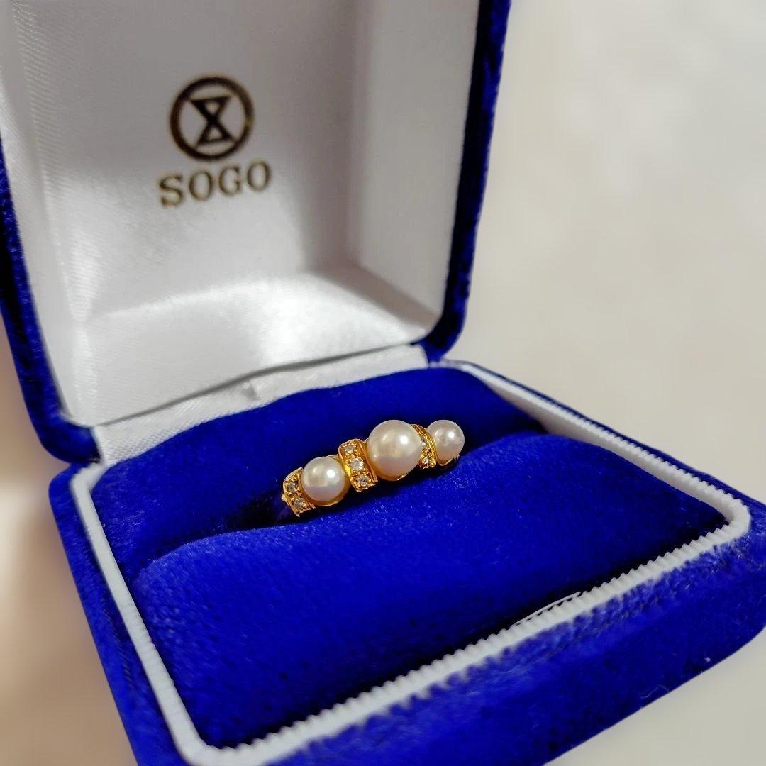 パール3珠ダイヤ入り・リング 16号。