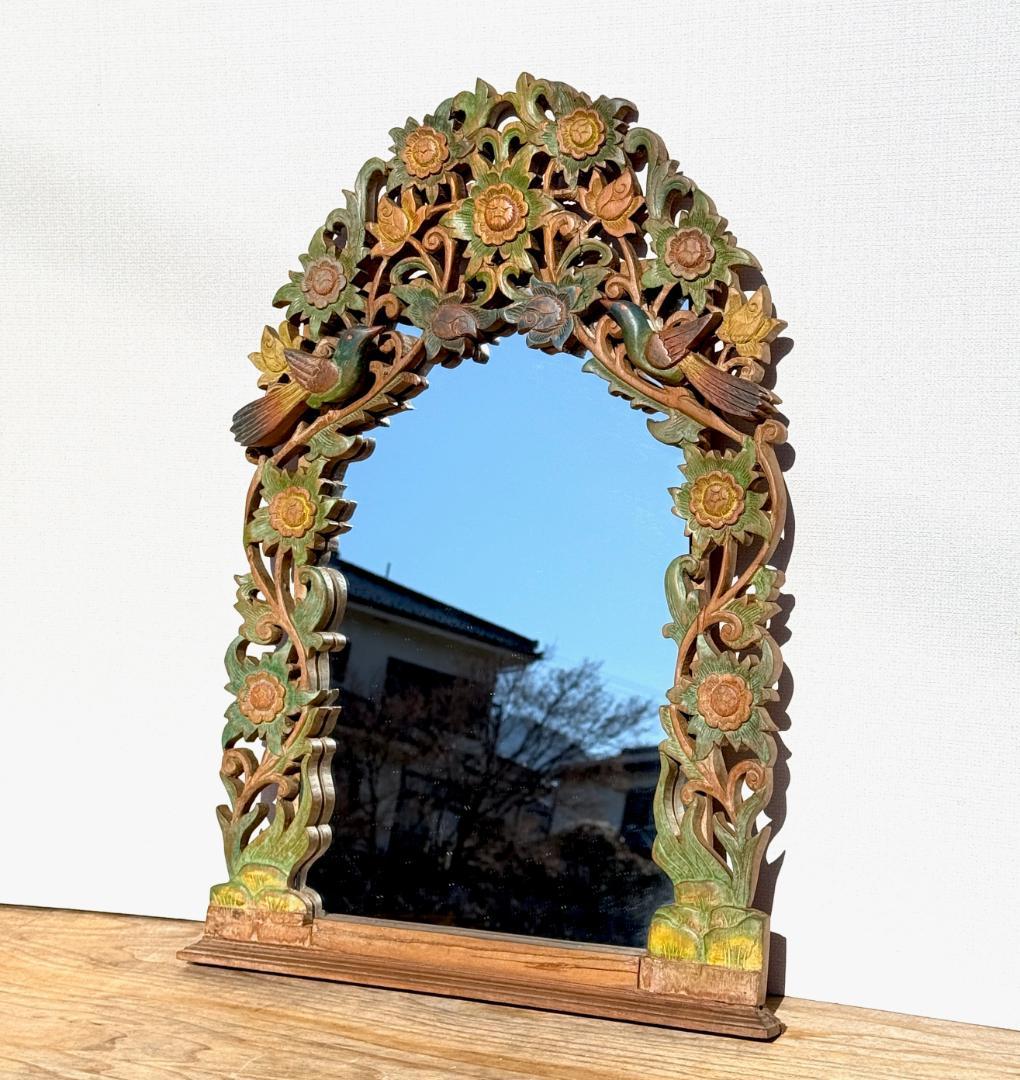 ビンテージ ウォールミラー 透かし彫りとレリーフが織りなす花鳥文 高さ71.5㎝