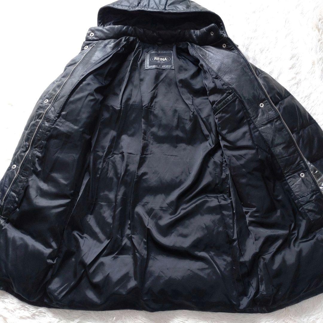 【定価25万】リアルレザー ロングダウンコート 黒 L フード取り外し可 防寒