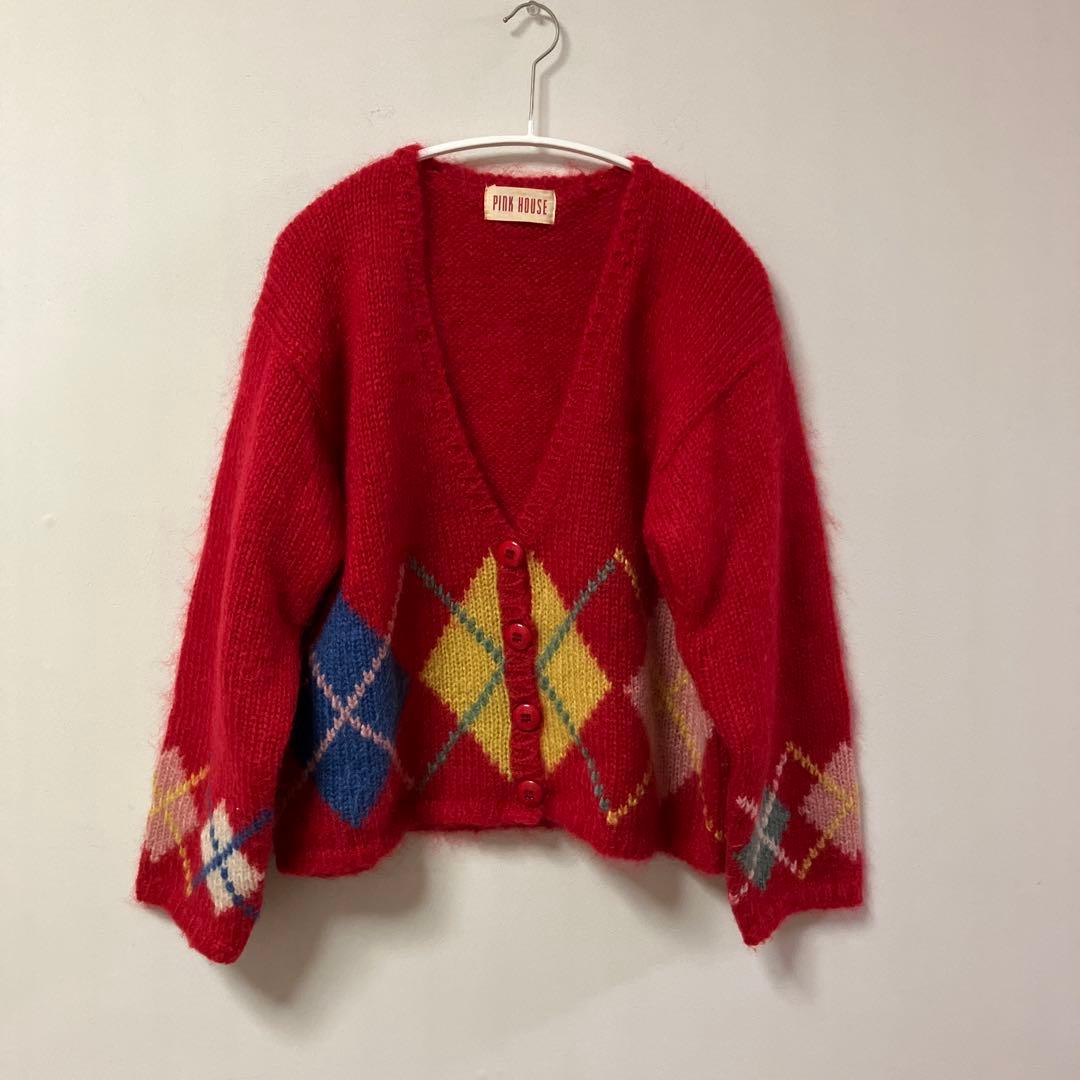 PINK HOUSEヴィンテージアーガイル柄モヘアニットカーディガン