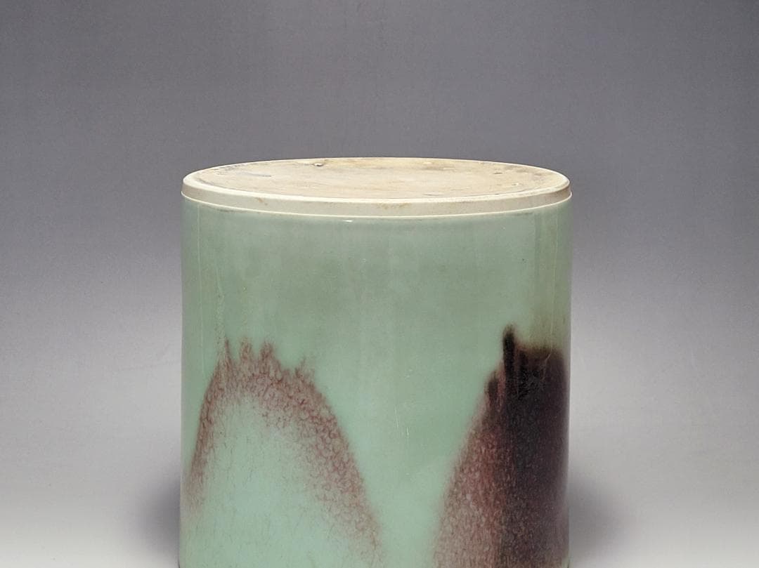 青釉 辰砂 窯変 大型筆筒 宋元時代 幅約16.4cm