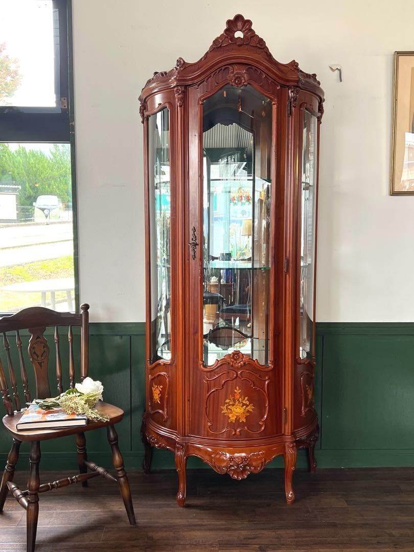 k076 イタリア製 象嵌細工が美しいクラシカル半円キャビネット キュリオケース