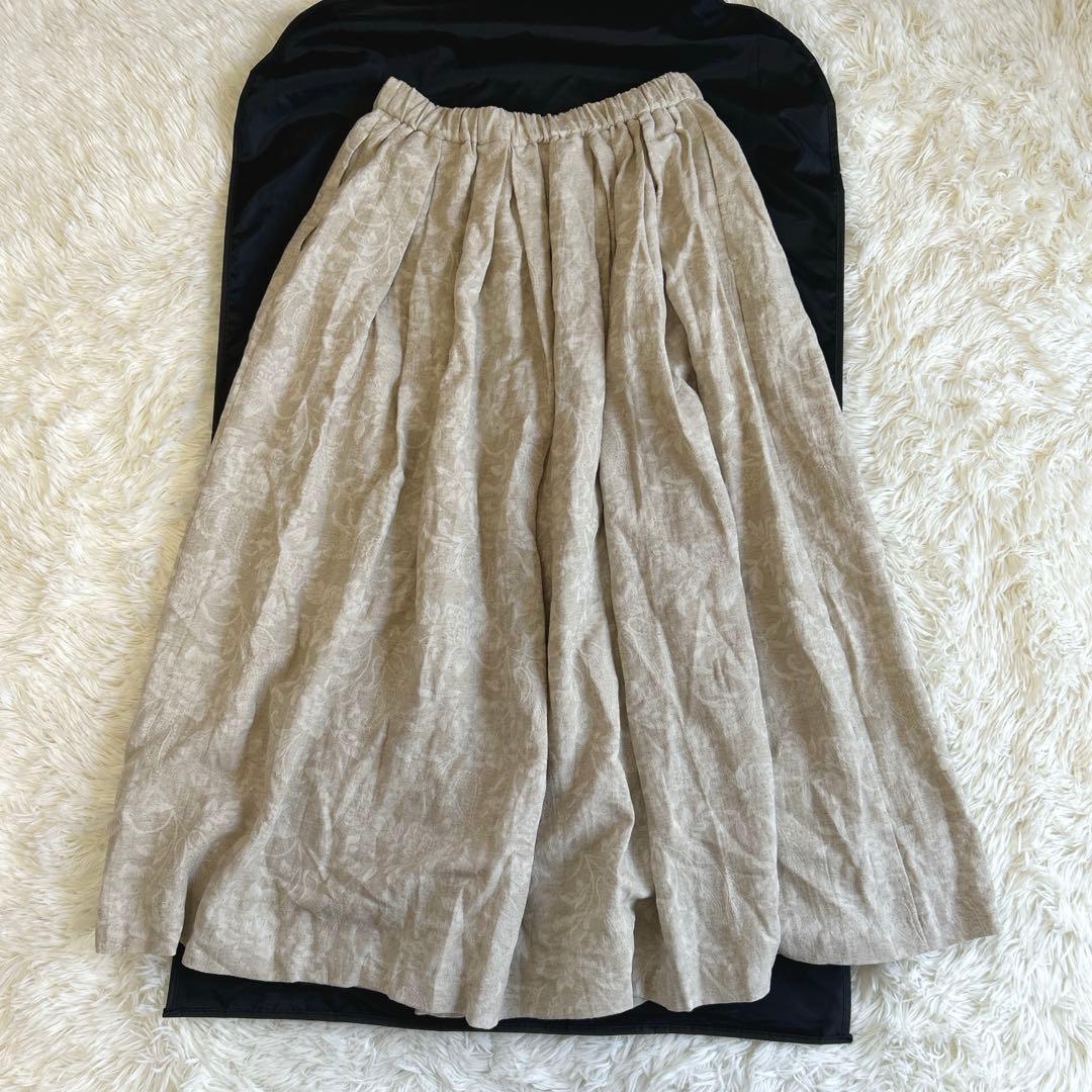 未使用✨かぐれ コットンリネンジャガードスカート フレア リネン 総柄 タック