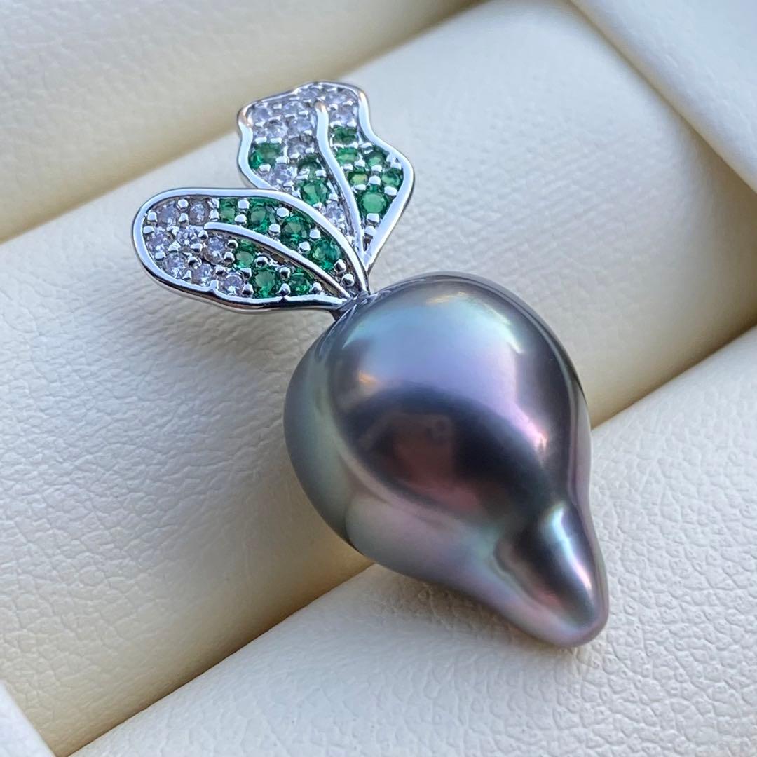 本真珠　南洋黒蝶真珠ネックレストップ　15.4*11.4mmグリーン紫PT927