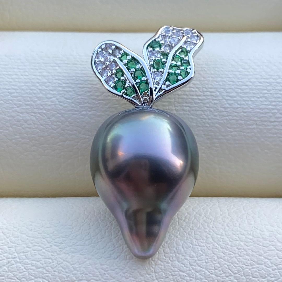 本真珠　南洋黒蝶真珠ネックレストップ　15.4*11.4mmグリーン紫PT927