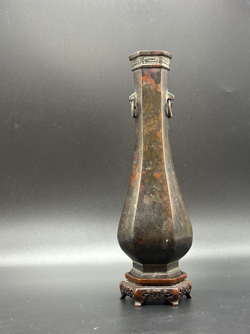 銅製 六角双耳飾花器 手彫唐木花台付 /金属工芸 唐銅 斑紫銅 花入 花瓶