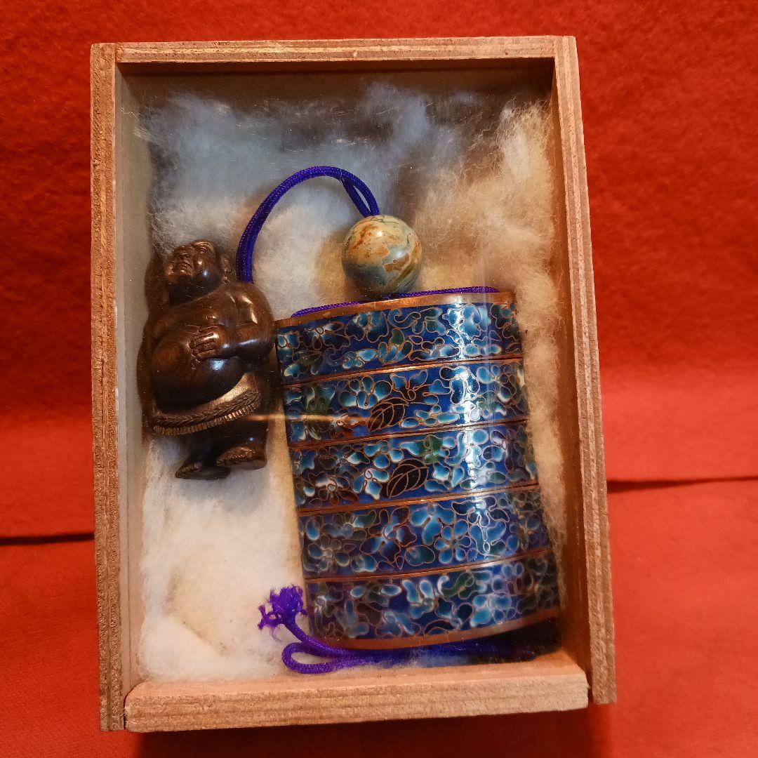 印籠　銅線有線七宝　根付け　緒締め玉付き　古物