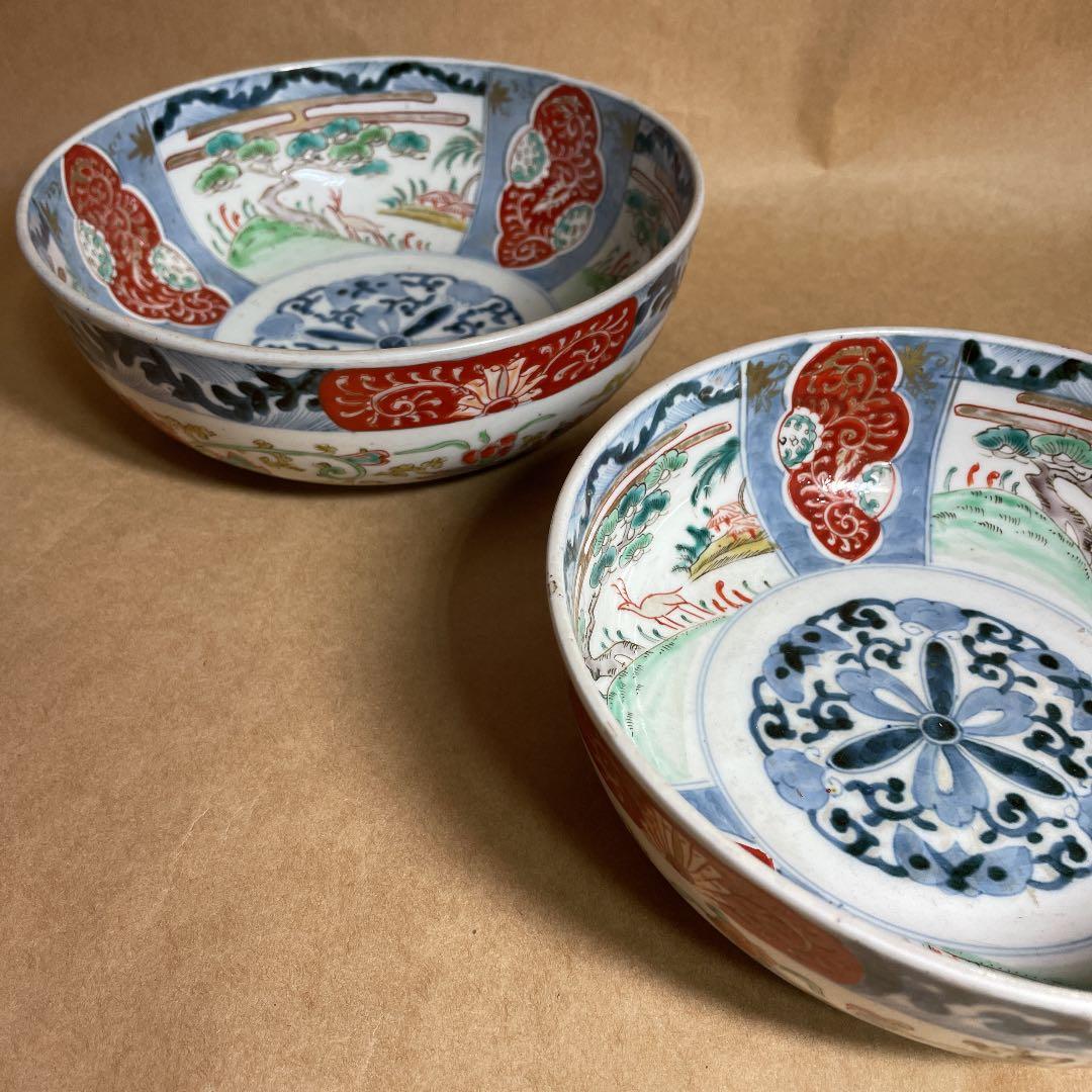 鉢2点　【m142 二重高台　伊万里　骨董　レトロ　深鉢　呉須色絵　染付】
