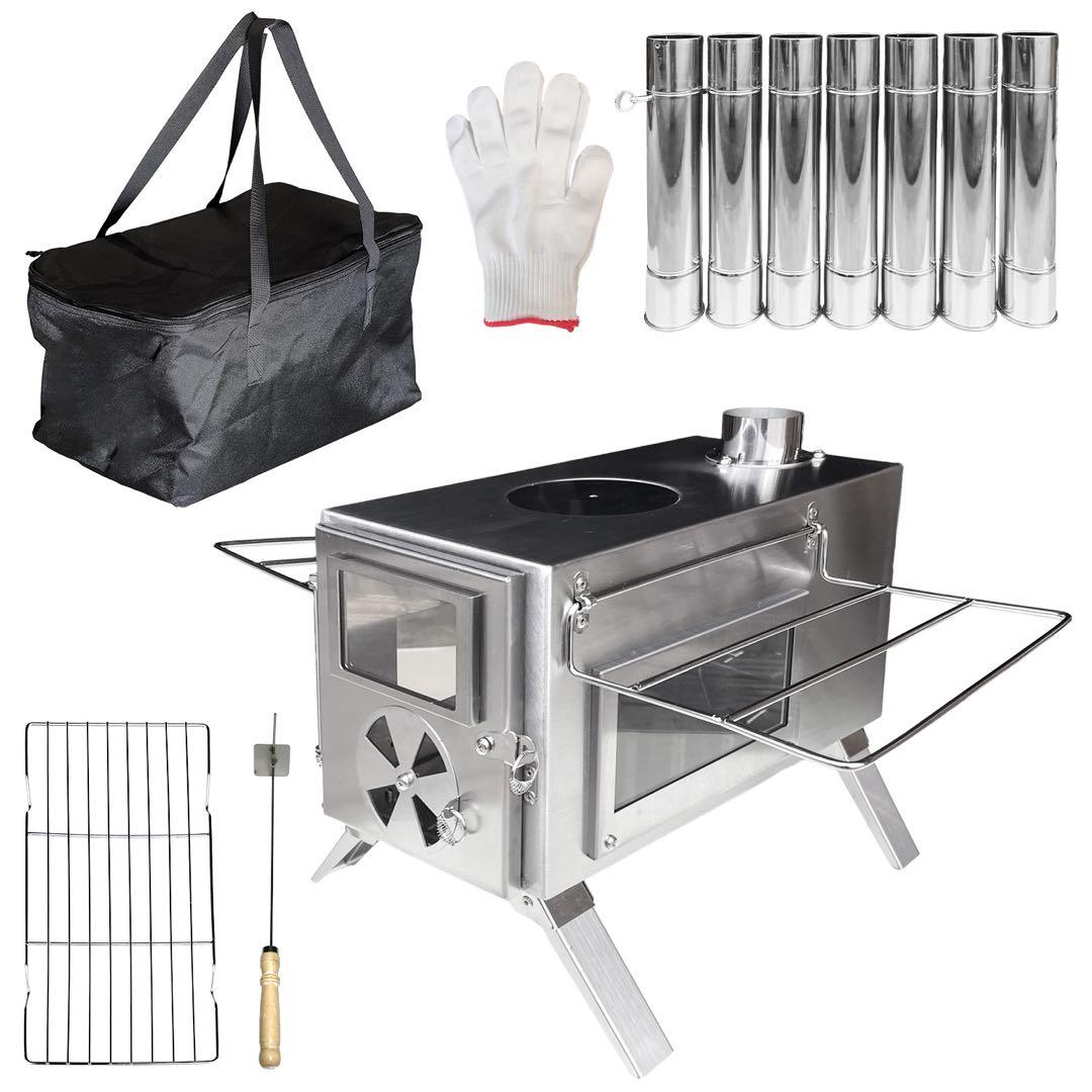 訳あり品 薪ストーブ 3面ガラス ステンレス アウトドア キャンプ 新品未使用