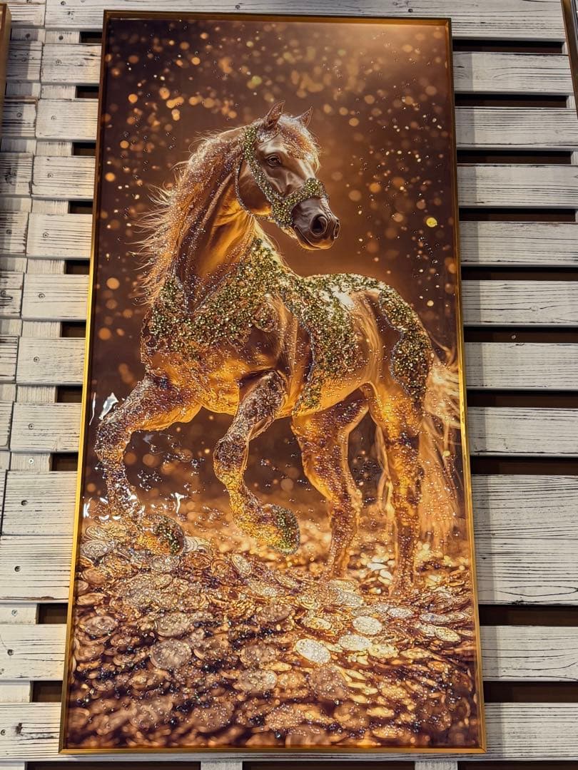 新作【高級インテリア】水晶画 クリスタルアート 馬 ゴールド額入り新年 開運