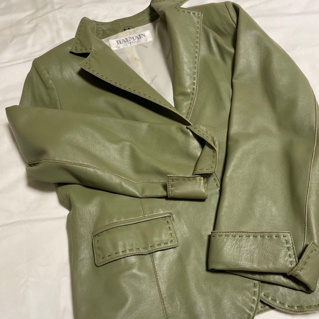 【BALMAIN】グリーンラムレザージャケット