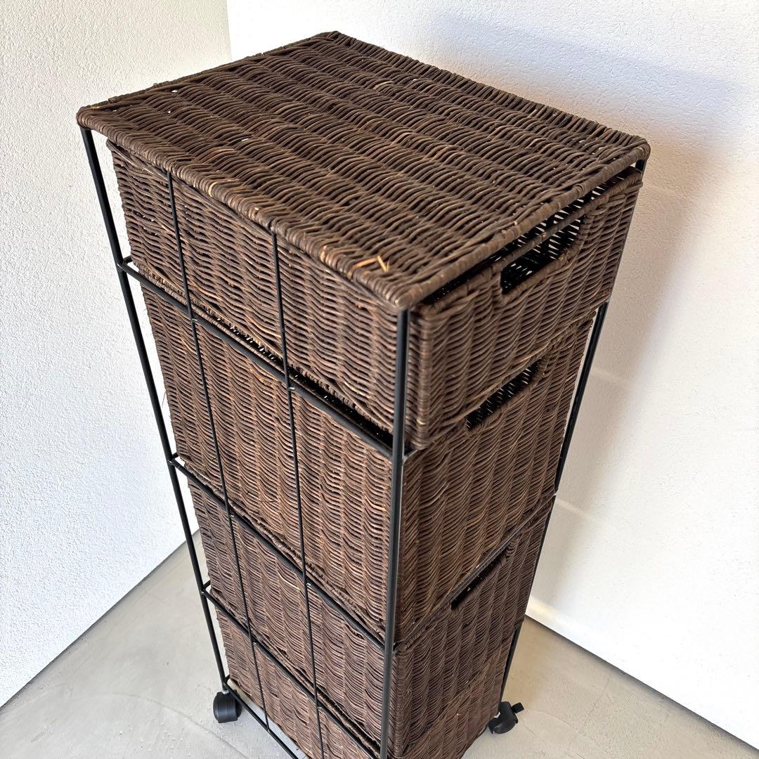 4段 アイアン ラタン チェスト かご カゴ 引き出し 収納 キャスター ラック