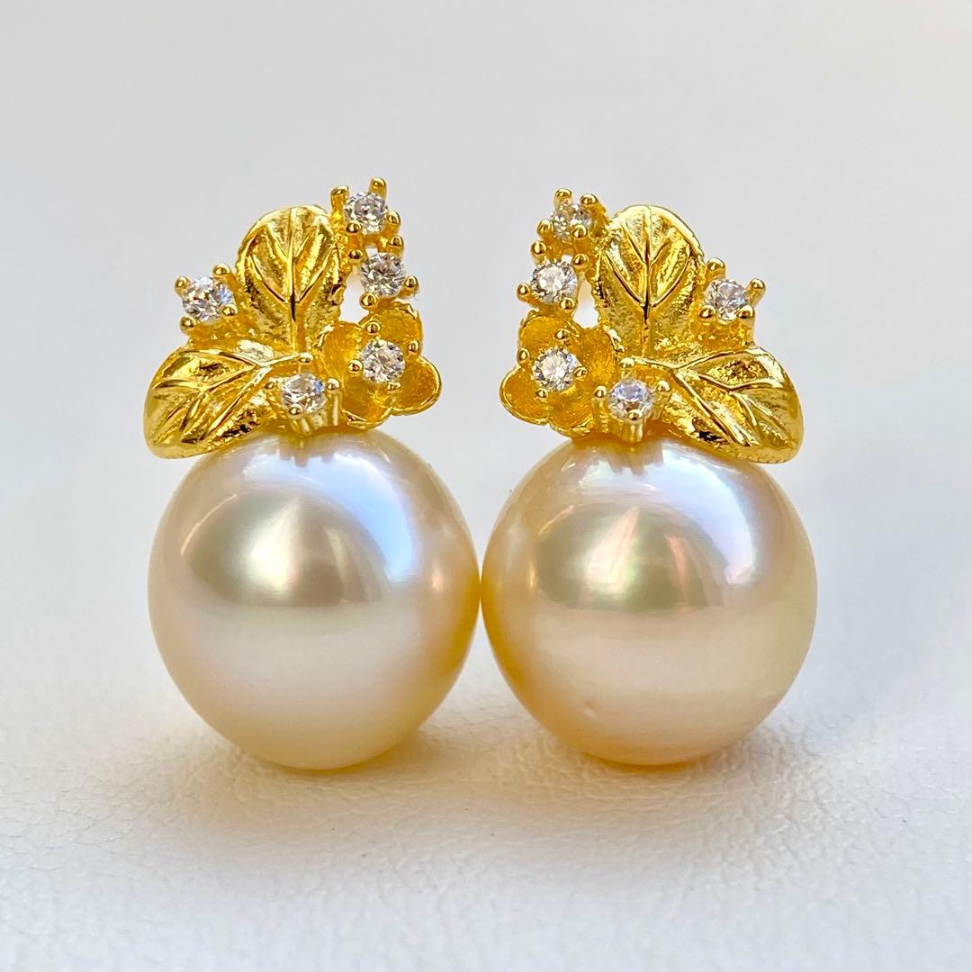 本真珠南洋白蝶真珠シャンパンゴールド10×9.4㍉s925ピアスBL952