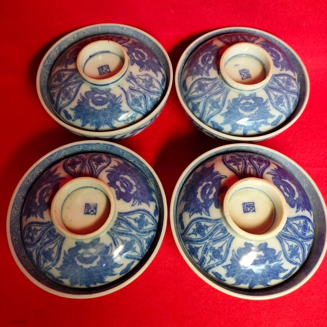 伊万里焼 角福 明治時代 蓋付き碗揃 獅子絵 立涌文