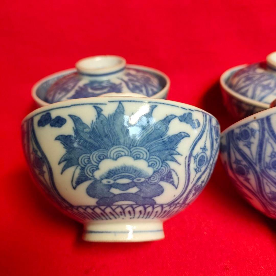 伊万里焼 角福 明治時代 蓋付き碗揃 獅子絵 立涌文