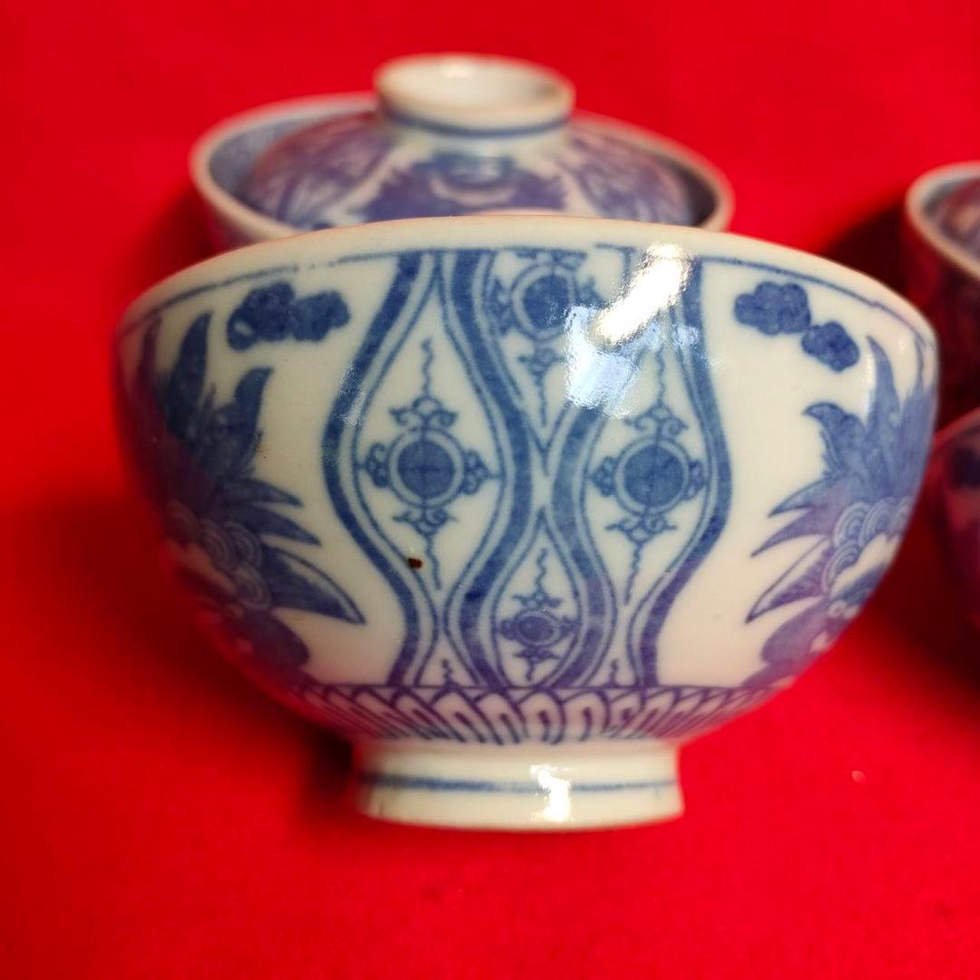 伊万里焼 角福 明治時代 蓋付き碗揃 獅子絵 立涌文