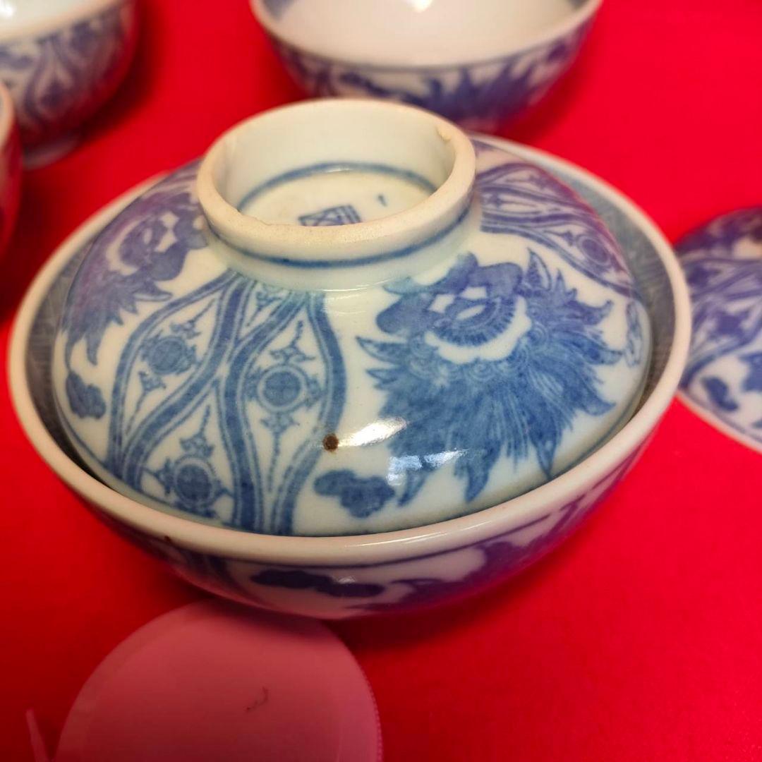 伊万里焼 角福 明治時代 蓋付き碗揃 獅子絵 立涌文