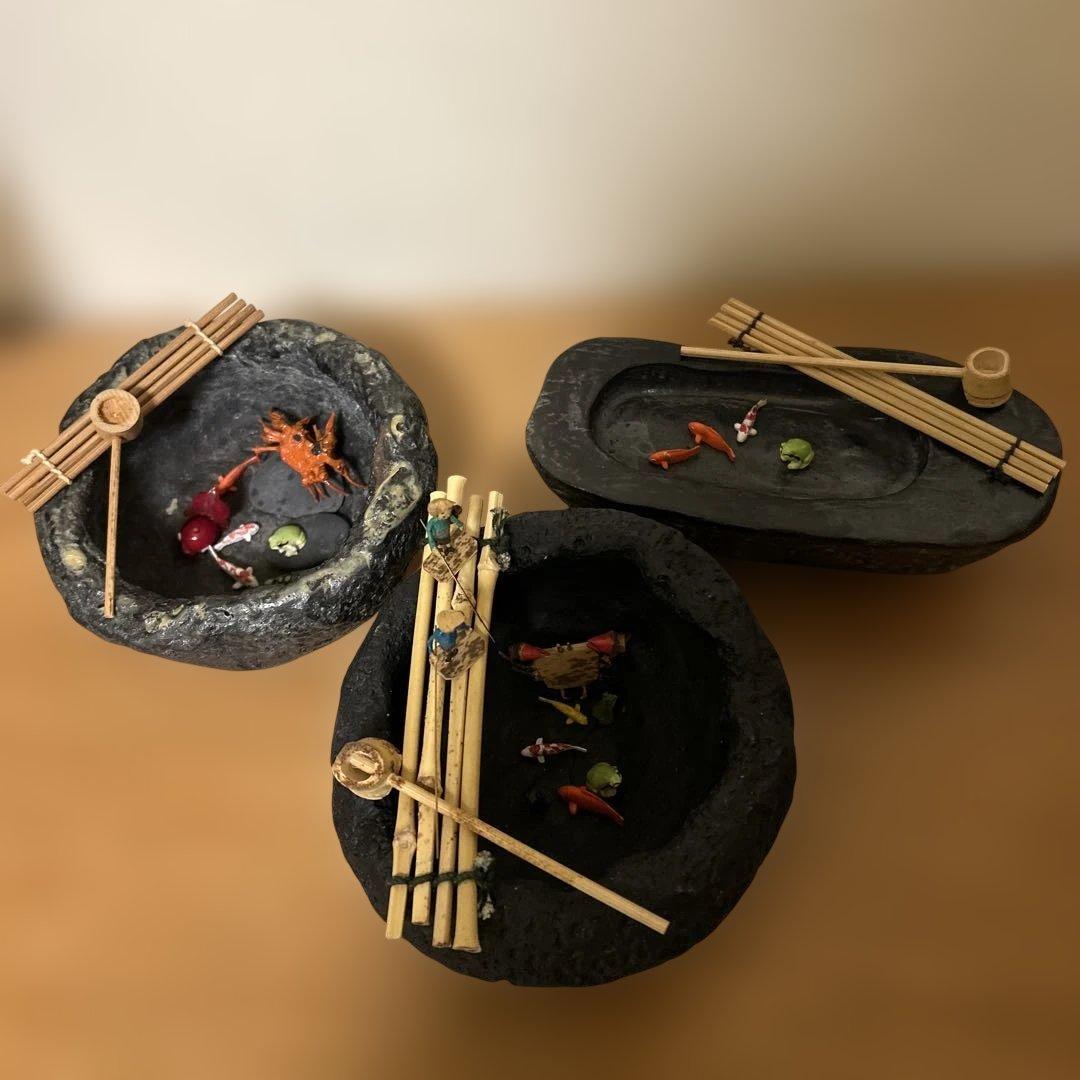 つくばい　水鉢　ミニチュア　カエル　鯉　亀　蟹　釣り人　ミニチュア