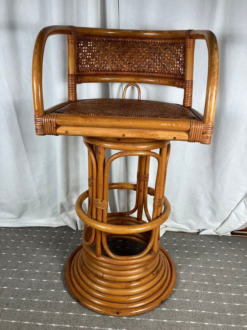 昭和レトロ ラタン 回転チェア 籐製 アジアン カウンターチェア ヴィンテージ