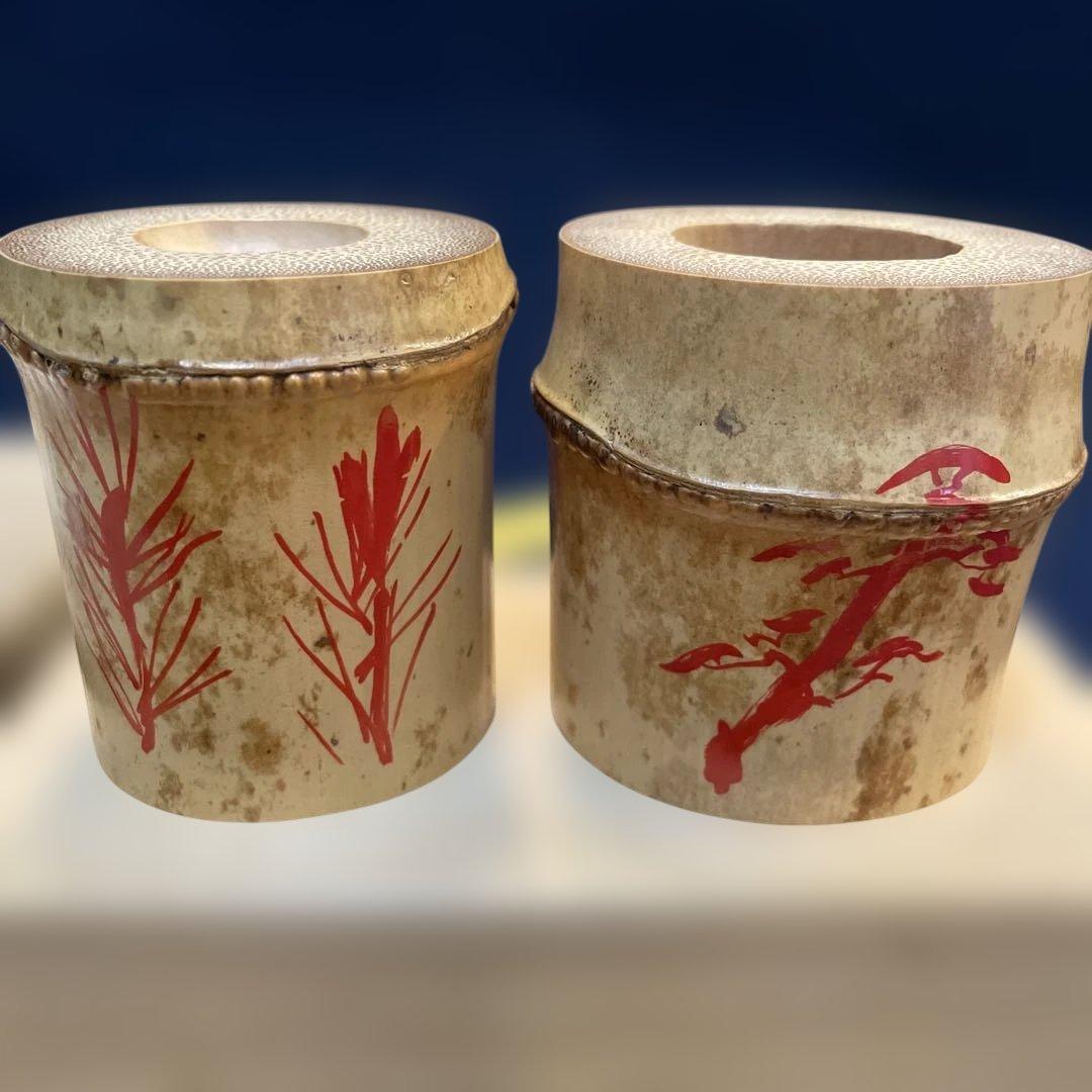 【竹田 益州】(和尚)花押・箱書『竹蓋置 一双』【高野 宗陵】(作)共箱※美品