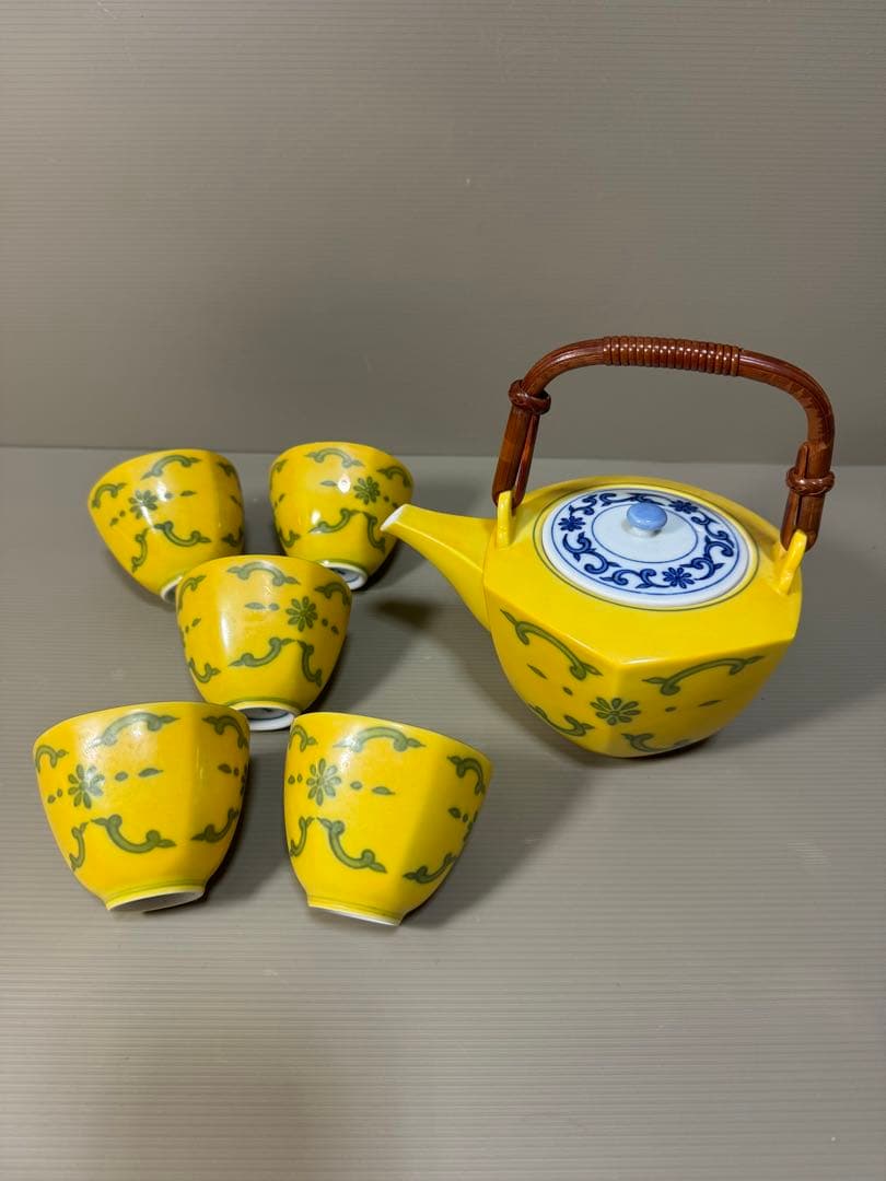 2261 平安橘吉　黄交趾　茶器セット　急須1客　湯呑5客