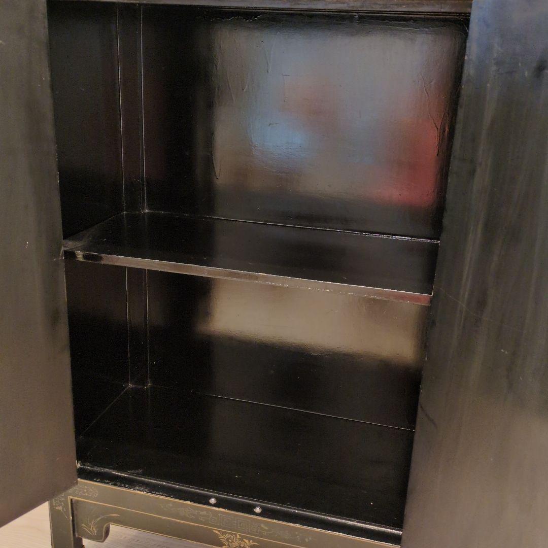 中国家具 キャビネット 花鳥細工 黒塗り 玉石 アンティーク調